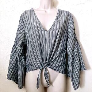 Boho Striped Tie Front Crop Top Bell Sleeve Cotton Sz S Festival Lavender Field